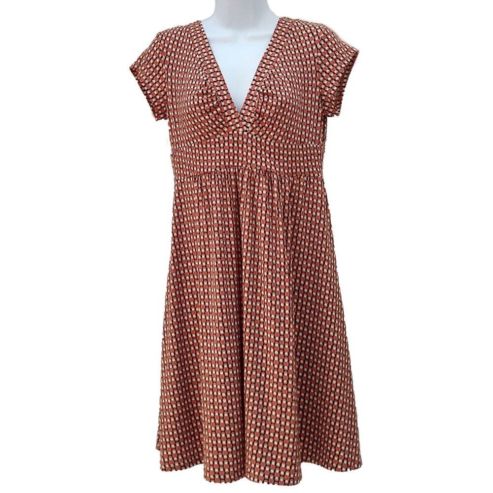 AGB Women's Knit Dress Size 10P Tan Orange Graphic Print  V-Neck Fit and Flare